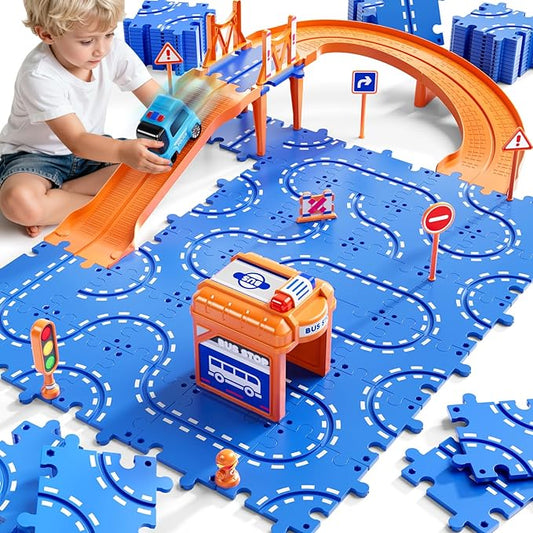 Puzzle Race Car Track Set for Kids 3-5, Floor Puzzle Track Car Set, Toddler Toys for 3 4 5 6 Years Old Boys, Toys Gift for Kids Boys Girls Age 3 4 5 6 7 8 Years Old