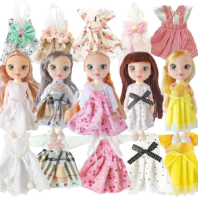 6.3" Mini Girl Dolls, Include 10 Sets Handmade Doll Clothes, 5 Sets 6.3" Small Girl Dolls, 5 Pairs of Shoes