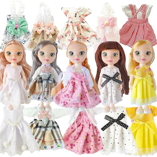 6.3" Mini Girl Dolls, Include 10 Sets Handmade Doll Clothes, 5 Sets 6.3" Small Girl Dolls, 5 Pairs of Shoes