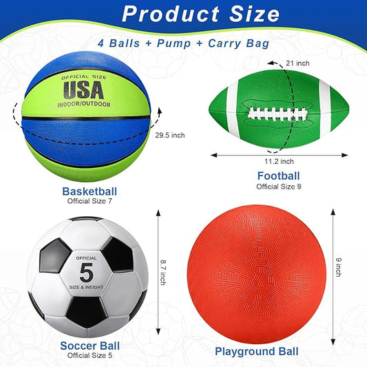 Lenwen 4 Pcs Sports Balls Set, Include Official Size Basketball Soccer Football Playground Ball Pump Equipment Bag for Teen Adult Christmas Ball Gifts