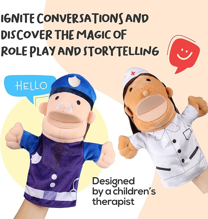 Hero Hand Puppets for Kids - Designed by Occupational Therapist, Doctor, Nurse, Firefighter + Police Officer, Interactive Educational Toy, Kids Heroes of Play, 12.5in x 11in