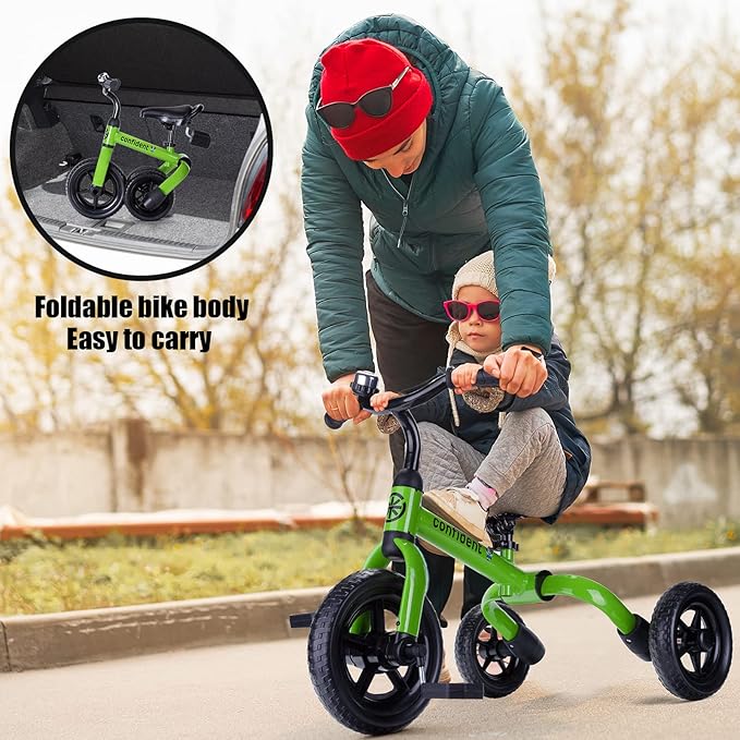YGJT 3 in 1 Tricycle for Toddlers Age 2-5 Years Old, Folding Kids Balance Bikes with Adjustable Seat and Removable Pedal, Ride-on Toys for Infant, Gift for Baby Boys Girls Birthday(Green)