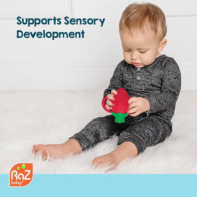 RaZbaby Fruitique Fruit Feeder One-Piece Baby – Larger Opening for Refilling & Fits More Fresh/Frozen Fruit for Teething Relief, Easy to Hold, Safer Design, BPA-Free, Dishwasher Safe - Strawberry