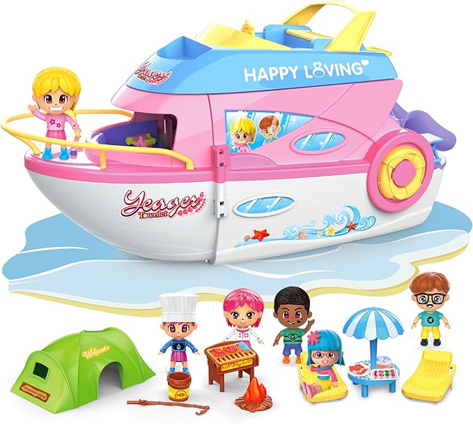 iPlay, iLearn Boat Dollhouse Playset for Girls 3-5, Kids Pretend Play Doll House Set W/ Cruise Ship, Dolls, Camping Accessories, Birthday Gifts for 4 5 6 Year Olds Children Toddlers
