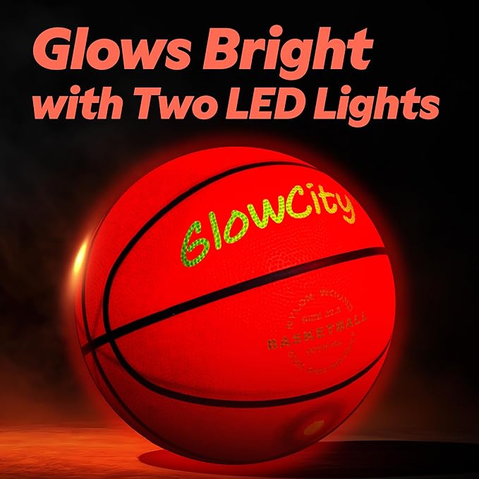 GlowCity Glow in The Dark Basketball - Sizes 5, 6, 7 Light Up Ball for Kids, Teens & Adults - Red Glow for Outdoor Games - Sports Birthday Gifts Ideas for Boys Ages 6 7 8 9 10 11 12 13 14