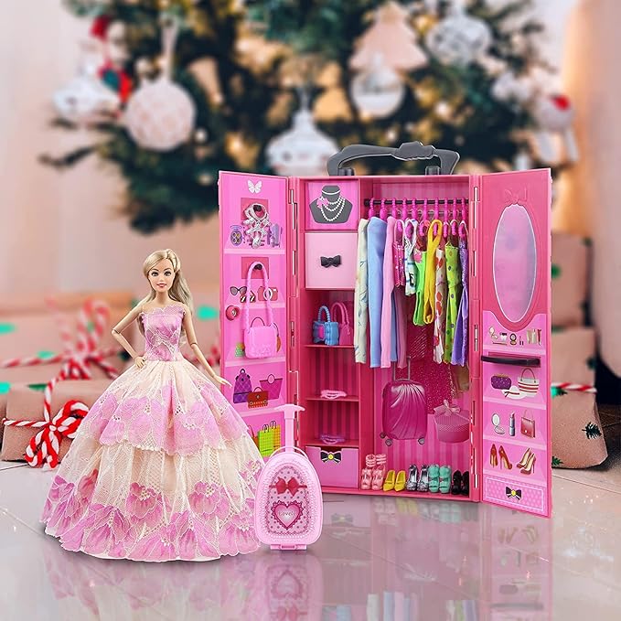 ZITA ELEMENT 11.5 Inch Girl Doll Closet Wardrobe with Clothes and Accessories Set 101 Pcs Including Wardrobe Suitcase Clothes Dresses Swimsuits Shoes Hangers Necklace Bags and Other Stuff