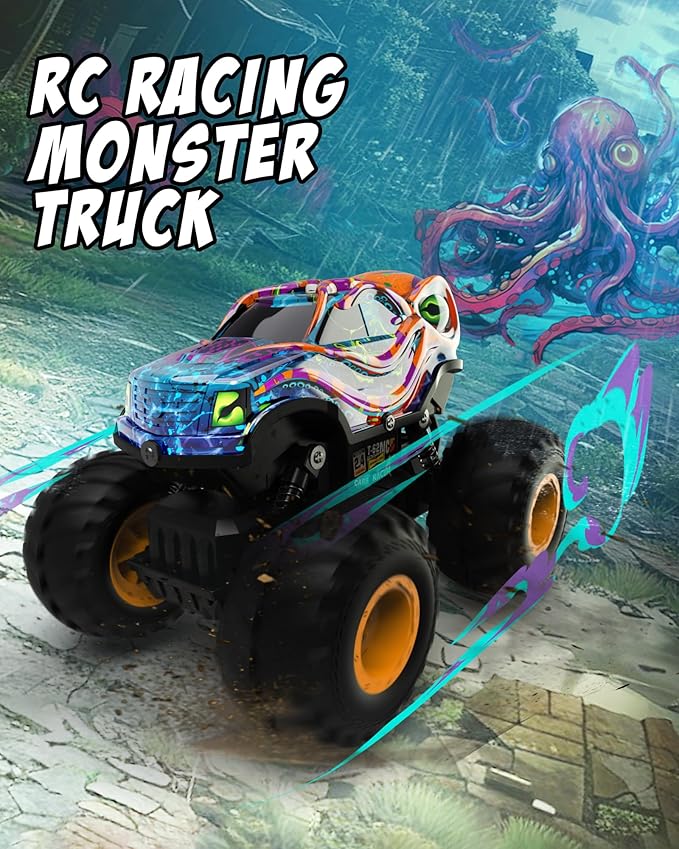Kraken Monster Truck RC Car, Entry-Level Remote Control Car for Kids Aged 4-8, 1:16 Scale with LED Lights (Low-Speed Safety), 2.4GHz Truck Toys, Birthday Gift for 5 6 7 Year Old Boys