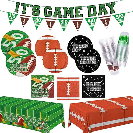 Football Party Decorations Kit for 24: Football Party Supplies Set with Plates, Dessert Plates, Napkins, Cups, Banner & Touchdown Tablecloth - for Football Tailgate Party Decorations