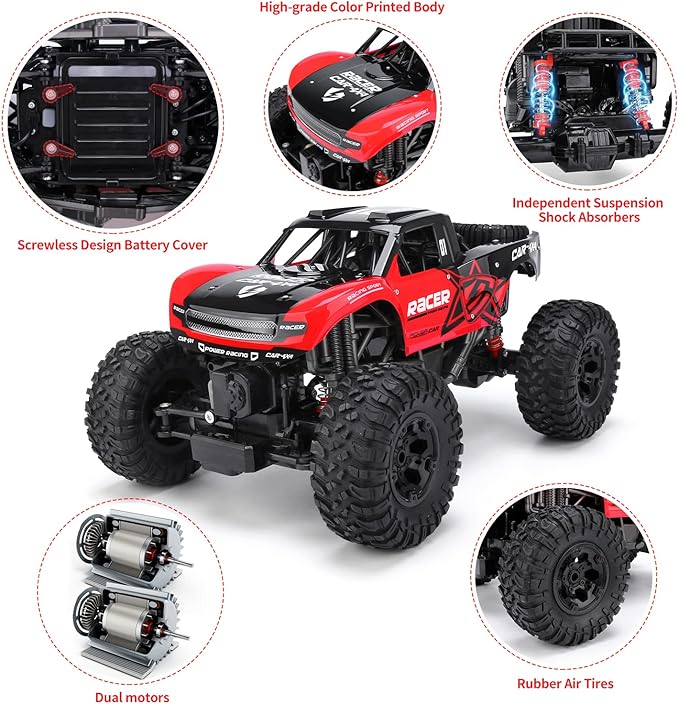 RC Trucks 4x4 Offroad Waterproof - 1:12 Scale Large Amphibious Remote Control Car, Dual Motors Crawler Vehicle, Monster Truck Toys with 2 Rechargeable Batteries, Best Gift for Kids Adults