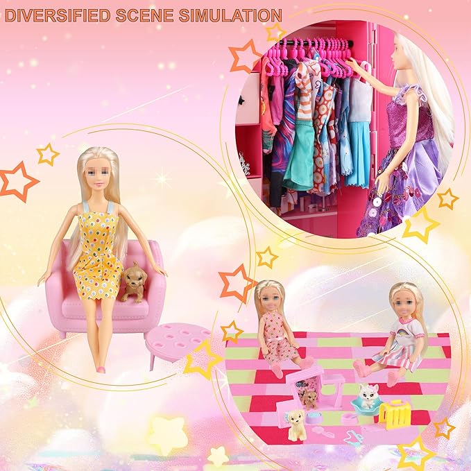 184 Piece Doll Wardrobe&Toy Folding Wardrobe - Includes Folding Wardrobe+Tent+Dog and Cat Pet House with Rich Accessories for Easy Storage