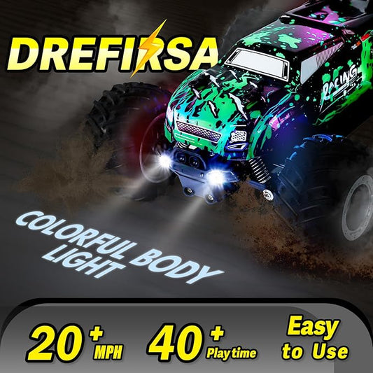1:18 Remote Control Car for Boys Age 4-7 8-12, 20Mph All Terrian Remote Control Monster Truck with Colorful Bodylight, Headlight, High Torque Motor, Truck Toy for Boy Age 4-12 Birthday Gift
