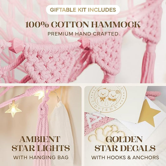 Stuffed Animal Hammock Corner | Sturdy Handcrafted Stuffed Animal Net | 4mm Double Macrame Cord Stuffed Animal Holder | Natural 100% Cotton Plushie Net | Toy Hammock w/LED Light (Pink)