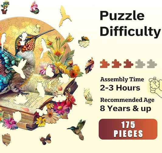 Wooden Puzzles for Adults,Hummingbird On The Book Wooden Jigsaw Puzzles,Unique Shape Advanced Animal Jigsaw Puzzle for Adults and Kids,Challenge Wooden Jigsaw Puzzle.(L-13.4x11.6In 230pcs)