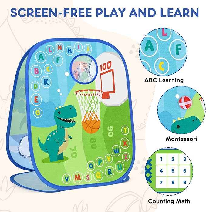 Dinosaur Cornhole Games Set for Kids, 6-in-1 Bean Bag Toss Game,Basketball Dart Board, Sports Play and Learn Eduational Toys for Toddler, Indoor Outdoor Games Toys Gifts for Kids Age 3 4 5 6 7 8