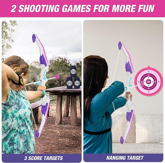 Bow and Arrow for Kids, LED Light Up Archery Set with 12 Suction Cup Arrows, 1 Hanging Target, 3 Score Targets & 1 Quiver, Indoor Outdoor Sport for Boys Girls Ages 4-12, Purple