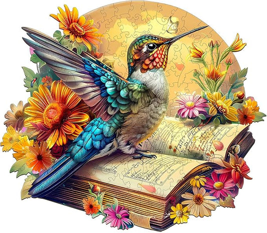 Wooden Puzzles for Adults,Hummingbird On The Book Wooden Jigsaw Puzzles,Unique Shape Advanced Animal Jigsaw Puzzle for Adults and Kids,Challenge Wooden Jigsaw Puzzle.(L-13.4x11.6In 230pcs)