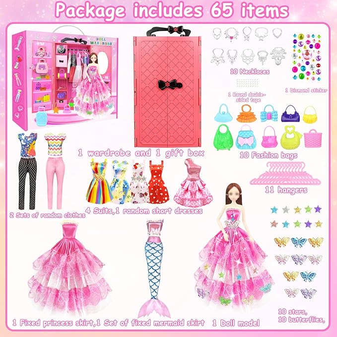 66Pcs Doll Clothes and Accessories with Doll Closet for 11.5 Inch Doll Dress up Set with 1 Doll Fashion Dresses Outfits Tops and Pants Shoe Rack Bags Gift Toy for Girls 4 5 6 7 8 9 10 Years