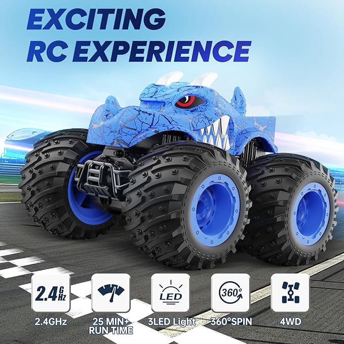 BAODLON Remote Control Monster Car, 2.4GHz RC Monster Trucks Toys for 3 4 5 6 7 8 Years Old Boys Kids, All Terrain RC Truck Off Road with Spray, Light, Rechargeable Battery, Christmas Birthday Gifts