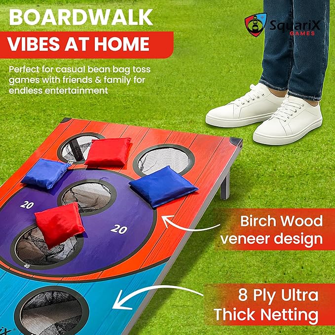 Cornhole Arcade Board Set 3x2 feet with 8 Bean Bags, Skee Ball Style Toss Game for Adults and Family, Indoor Outdoor Fun for Camping, Parties, Beach and Yard
