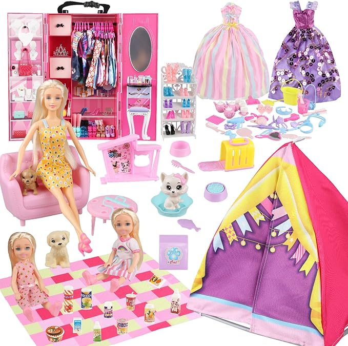 184 Piece Doll Wardrobe&Toy Folding Wardrobe - Includes Folding Wardrobe+Tent+Dog and Cat Pet House with Rich Accessories for Easy Storage