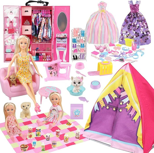 184 Piece Doll Wardrobe&Toy Folding Wardrobe - Includes Folding Wardrobe+Tent+Dog and Cat Pet House with Rich Accessories for Easy Storage