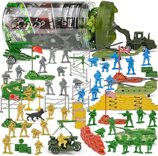 100 Pcs Army Men Toys for Boys with Map in Bucket World War II WW2 Green Gray Plastic Army Men Military Guy Toy Soldier Action Figures Battlefield Playset and Accessories