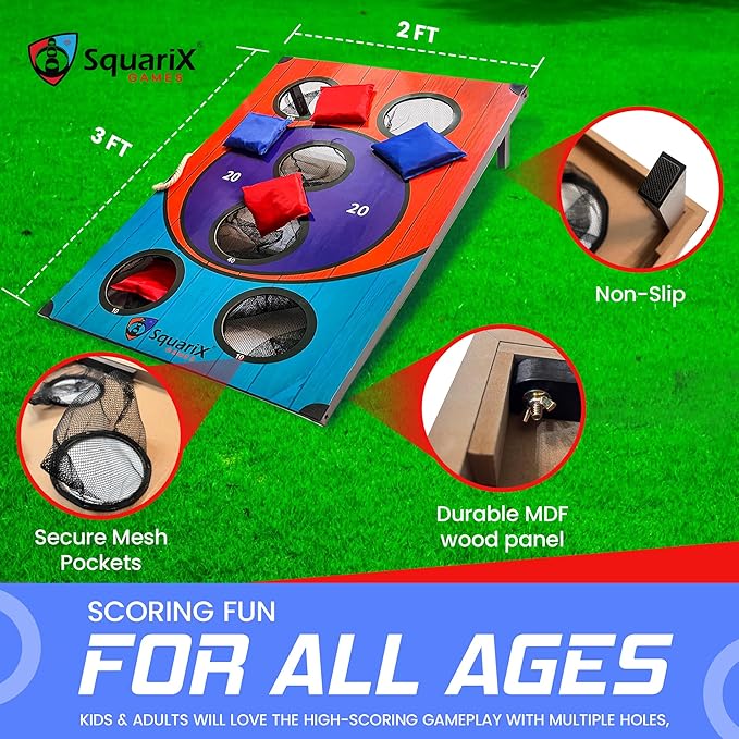 Cornhole Arcade Board Set 3x2 feet with 8 Bean Bags, Skee Ball Style Toss Game for Adults and Family, Indoor Outdoor Fun for Camping, Parties, Beach and Yard