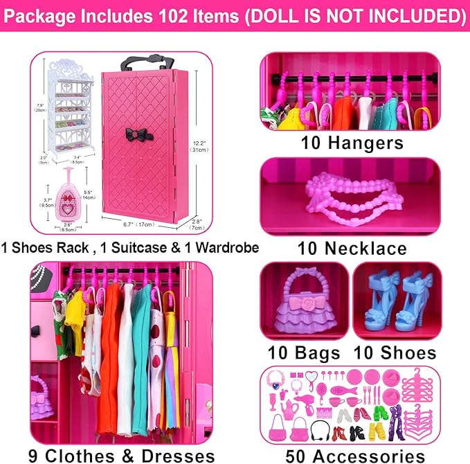 ZITA ELEMENT 11.5 Inch Girl Doll Closet Wardrobe with Clothes and Accessories Set 101 Pcs Including Wardrobe Suitcase Clothes Dresses Swimsuits Shoes Hangers Necklace Bags and Other Stuff