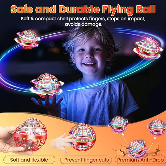 Flying Orb Ball Toy, 2025 Upgrade Parachute Hand Controlled Hover Ball with LED Lights, 360° Rotating Boomerang Globe Cool Mini Drone, Ideal Birthday&Christmas Gift for Boys Girls-Bright Red