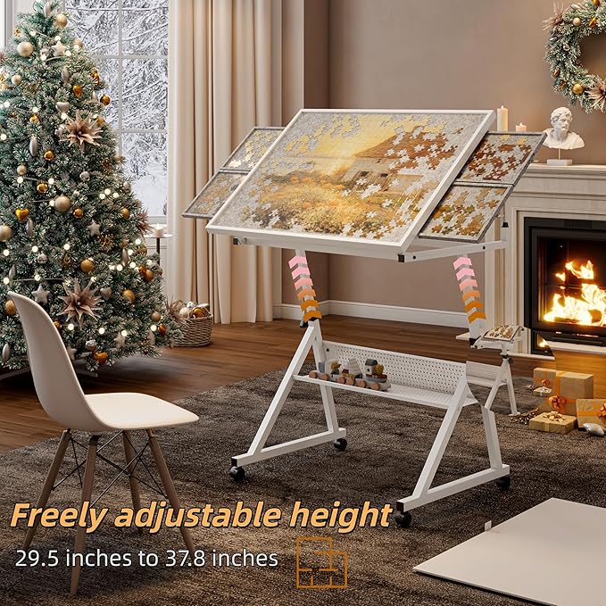 1500 Pieces Puzzle Table on Wheels with 4 Trays and Storage Shelves, Adjustable Tilt Angle 0-75 for Puzzle Board, Portable Puzzle Table for Adults, Easy to Move, Suitable for Living Room (White+gray)