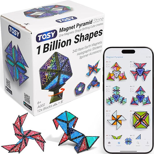 TOSY Magnet Pyramid Stone - 1 Cube Transforms into 1 Billion Shapes, 14 pcs (12 Puzzle pcs and 2 Accessories), 243 Rare Earth Magnets, Holographic Design Magnet Tiles Creative Puzzle STEM/STEAM Toy