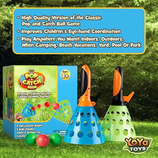 YoYa Toys Pop and Catch Ball Game - Indoor Outdoor Kids Play Activities, Pop-Pass-Catch Games for Camping, Beach Sport, Backyard, Pool - 2 Launcher Baskets, Ages 3 4 5 6 7 8 9 Year Old Boys Girls Gift