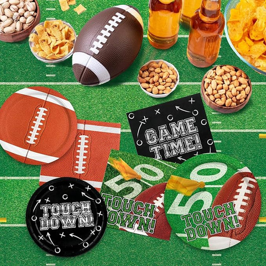 Football Party Decorations Kit for 24: Football Party Supplies Set with Plates, Dessert Plates, Napkins, Cups, Banner & Touchdown Tablecloth - for Football Tailgate Party Decorations
