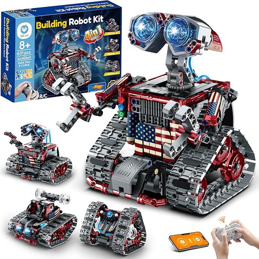 Sillbird Robot Building Kit with Remote Control Gifts for Kids Boys Ages 8-12, STEM Coding Robotic Technic Tracked Racer Car Toys for Birthday - Build 4in1 Model with 631 Pieces