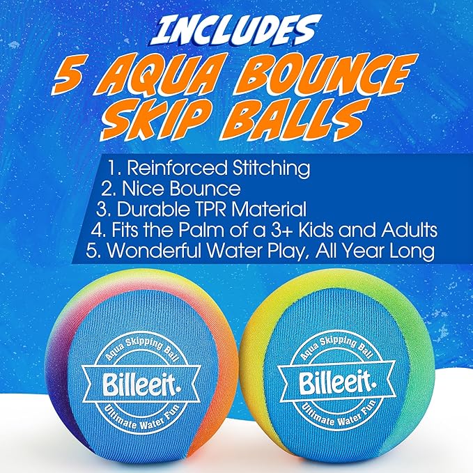 5Pcs Water Skipping Balls Set for Pool Play, Multi-Colored Splash Water Bouncing Balls, Fun Water Pool Beach Swim Toys & Games for Kids 3+ 4-8-12 and Adults