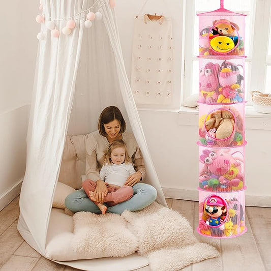 coastal rose 2Pcs Stuffed Animal Storage Foldable Stuffed Animal Net or Hammock Organizer, 5 Compartments Hanging Mesh Toy Storage Hammock for Kid Room Toys, Gloves, Hats, Socks（Pink）