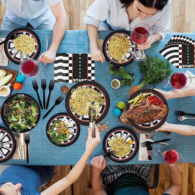 CANREVEL 96 PCS Race Car Birthday Party Plates Serve 24, Racing Car Plates and Napkins Forks Set, Disposable Tableware for Race Cars Party Supplies Decorations, Race Car Plates for Boys Kids Men