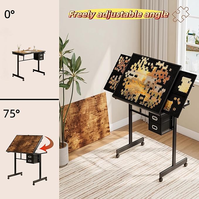 1000 Piece Jigsaw Puzzle Table with Drawers & Legs, Adjustable tilt Angle of 0-75 Degrees, Portable Puzzle Table for Adults, Easy to Move (Black)