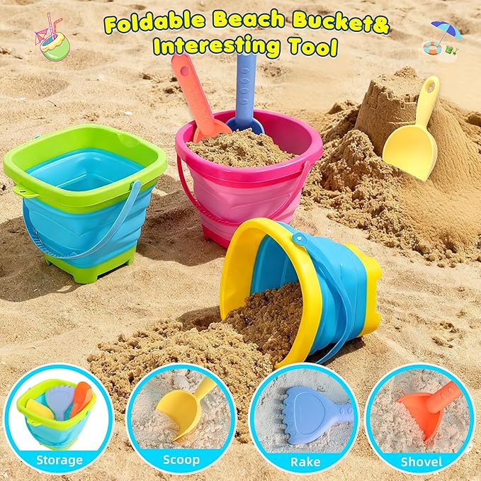 Collapsible Beach Sand Bucket 3 Packs Foldable Buckets Set with Shovels & Mesh Bag Collapsible Beach Toys for Kids Summer Sand Buckets for Kids Cruise Beach Essentials