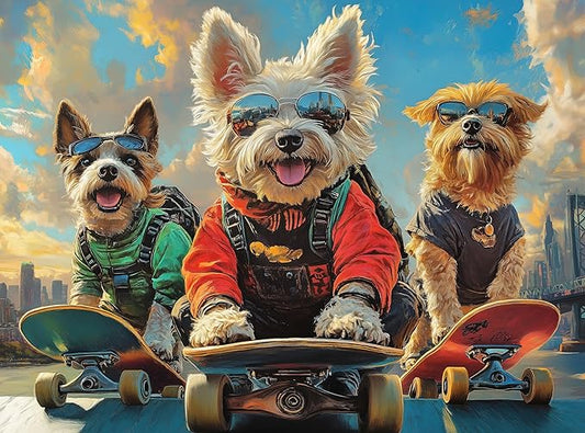1000 Piece Jigsaw Puzzle for Adults - Funny Dog Puzzle - Dogs on Skateboards take Over The Big City - Challenging Puzzle - 1000 Pieces for Adults. 20x27 inches