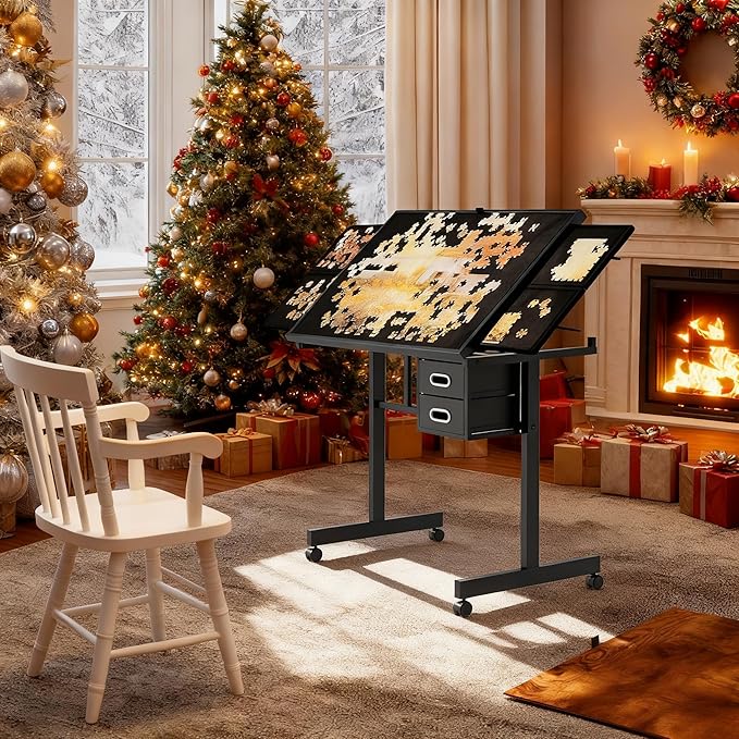 1000 Piece Jigsaw Puzzle Table with Drawers & Legs, Adjustable tilt Angle of 0-75 Degrees, Portable Puzzle Table for Adults, Easy to Move (Black)