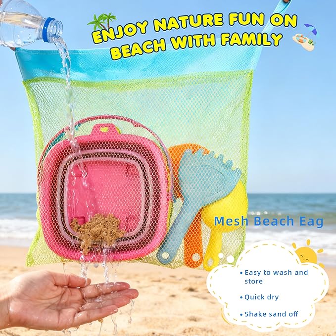 Collapsible Beach Sand Bucket 3 Packs Foldable Buckets Set with Shovels & Mesh Bag Collapsible Beach Toys for Kids Summer Sand Buckets for Kids Cruise Beach Essentials