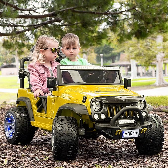 Moderno Kids Trail Explorer 2 (Two) Seater 24V Power Children Ride-On Car Truck with R/C Parental Remote + EVA Foam Rubber Wheels + Leather Seat + Bluetooth FM MP3 Music Player (Yellow)