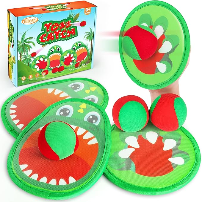 Big Dinosaur Toss and Catch Ball Set, Catch Game Toys for Kids and Toddler, Outdoor Toys Christmas Birthday Gift for Family with 4 Rackets, 4 Balls, 1 Drawstring Bag