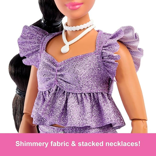Barbie Deluxe Style Doll #8 in Metallic Purple Top and Sparkly Shorts, Black Hair in Braid, Accessories Like Pearly Jewelry and Handbag