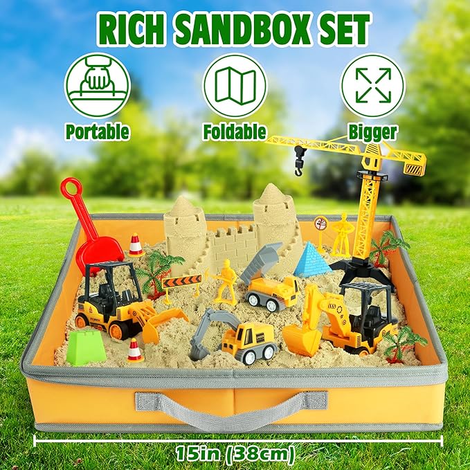 Sand Construction Kit with Big Foldable Sandbox and 2.2lbs Magic Sand, Truck Toys Including Castle Molds and Other Accessories - 36Pc Set for Kids 3+