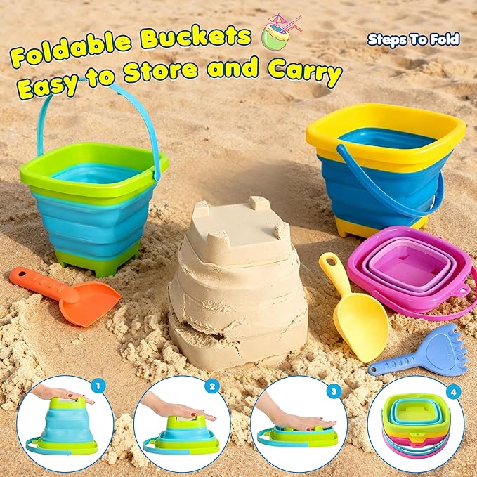 Collapsible Beach Sand Bucket 3 Packs Foldable Buckets Set with Shovels & Mesh Bag Collapsible Beach Toys for Kids Summer Sand Buckets for Kids Cruise Beach Essentials