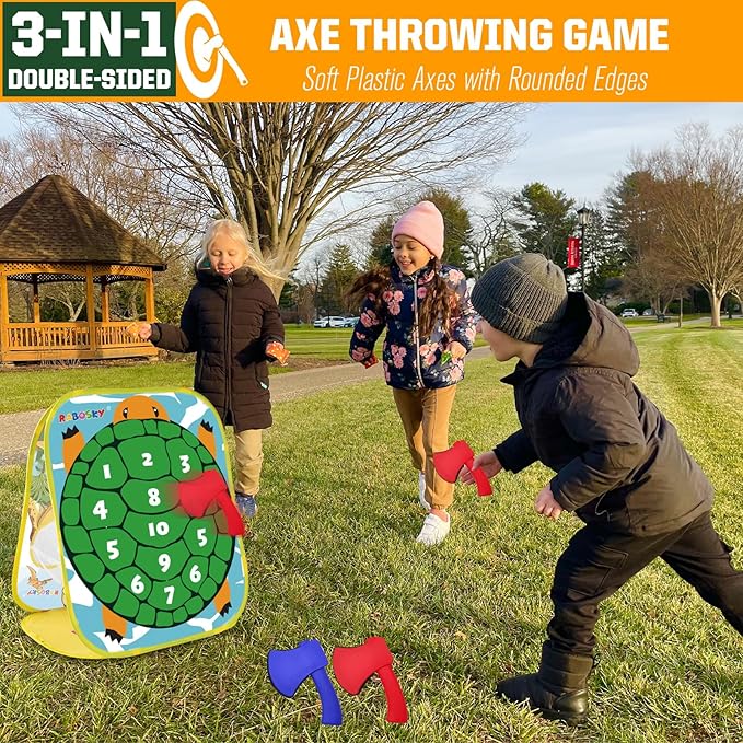 RaboSky 3-in-1 Feed Dinosaur Toss Games for Kids with 6 Fruit Bean Bags, 2 Throwing Axes, 6 Sticky Balls, Outdoor Toddlers Toys Indoor Activities for 2 3 4 5 Boy Gifts Birthday Party Easter Christmas